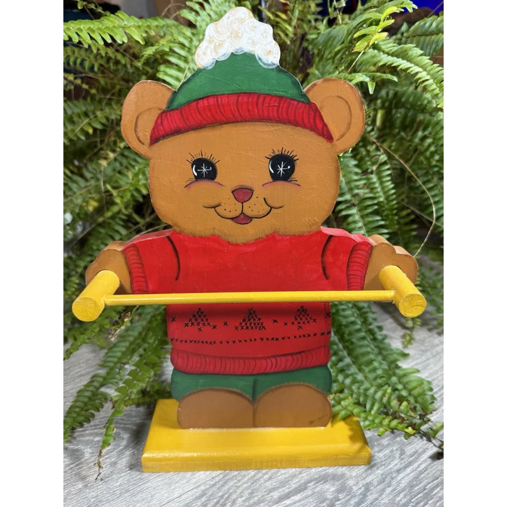 Wood Hand Painted Christmas Bear Dowel Rod Holder Hand Towel Hand Painted Signed